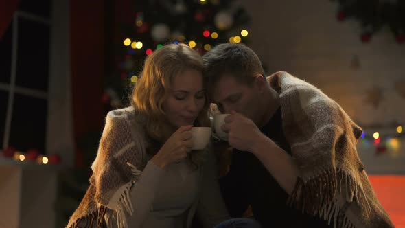 Sweet Husband and Wife Drinking Hot Cocoa Under Cozy Plaid and Nuzzling, X-Mas