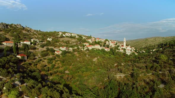 Aerial view of traditional dalmatian village of Lozisca, Brac Island, Croatia.