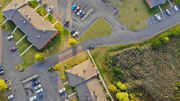 Aerial view urban landscape on apartment complex small american town a sleeping area home roofs