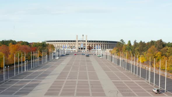 Olympiastadion in Berlin, Germany with No People During Coronavirus Covid 19 Pandemic, Aerial Wide