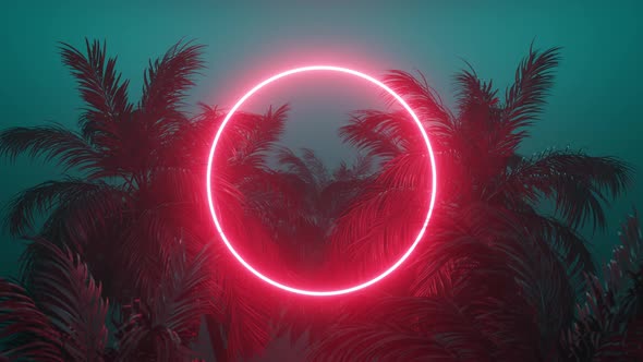 Retrowave Glowing Circle Frame Appears in the Tropical Palm Tree alt