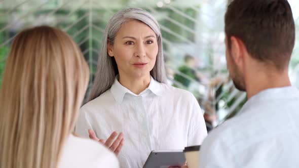 Multiracial Employees Colleagues Talking Using Tablet Device in Office