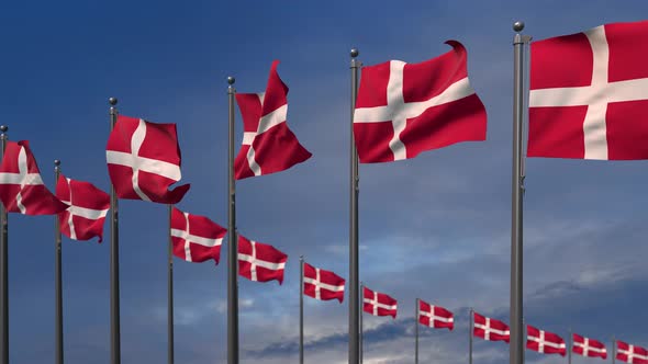 The Denmark Flags Waving In The Wind  - 4K