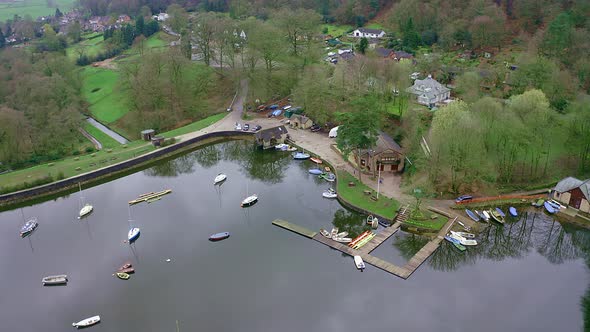 Beautiful aerial view, footage of Rudyard Lake in the Derbyshire Peak District Nation Park, popular