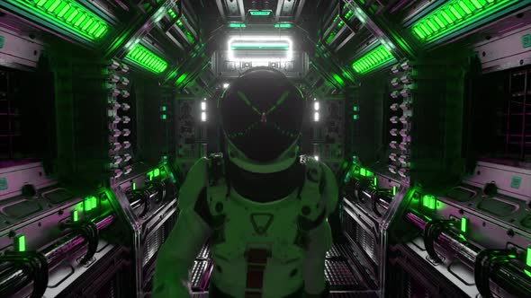 Astronaut Walking in Spaceship Tunnel Scifi Shuttle Corridor