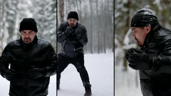 Fighter is Training in Forest in Winter Adult Sportive Man is Running and Practicing Arm Strikes