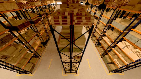 Flight through the huge warehouse with infinite packages amount. Loopable. HD