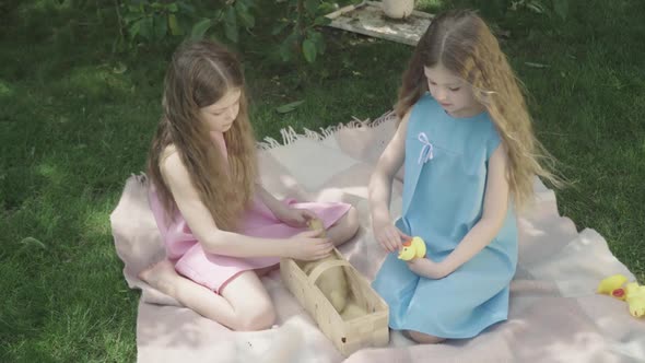 Top View of Two Pretty Girls Playing with Ducks and Looking at Camera Smiling. Portrait of Charming