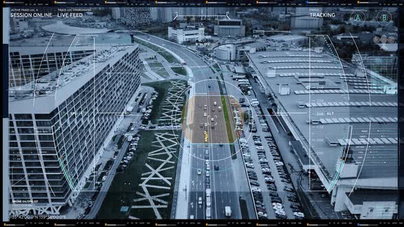 Drone Flying over the City. Suspicious Vehicle.Tracking Software. Target Data alt