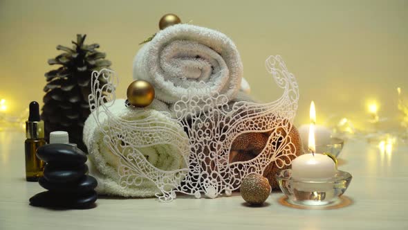 Spa Salon Items and Attributes with Christmas Decorations in Mild Snowfall Beautiful Christmas