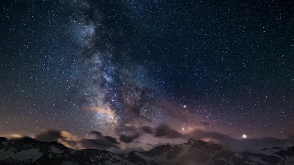 Night Sky on The Alps, Time Lapse Milky Way Stars Rotating Over Mountains