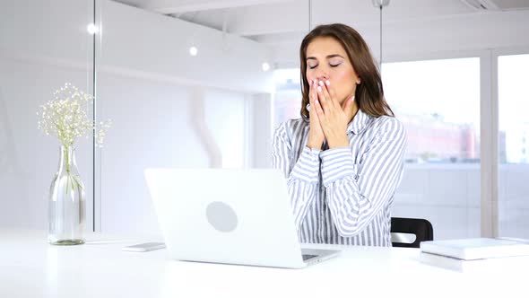 Hispanic Woman Coughing at Work in Office, Throat infection