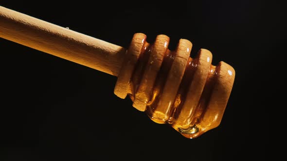 Drop of Golden Liquid Honey Drips Slowly From the Spoon