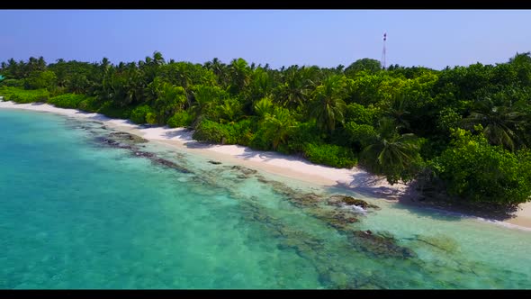 Aerial drone shot nature of relaxing bay beach wildlife by blue ocean with white sandy background of