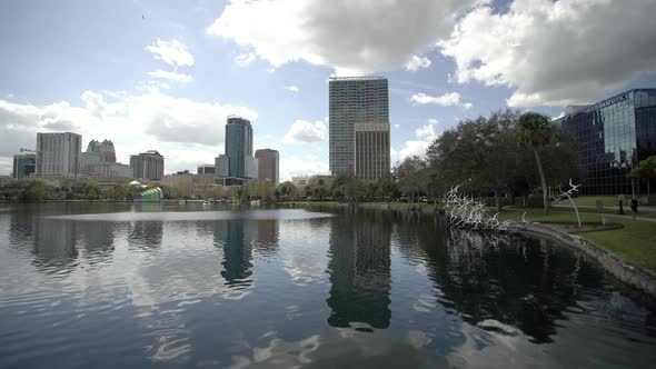 Tall buildings surrounding the Lake Eola Park