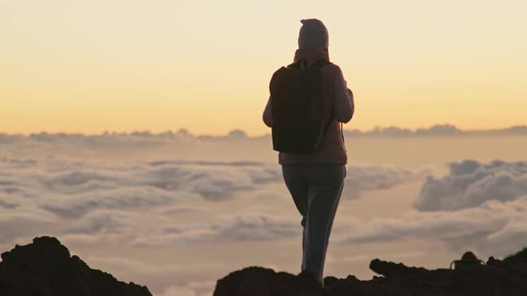 Scenic Fluffy Clouds View at Sunset  Footage Happy Woman with Backpack USA