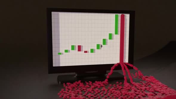 Monitor showing stock gains and then extreme fall which results in digital bleeding. 3D Animation.