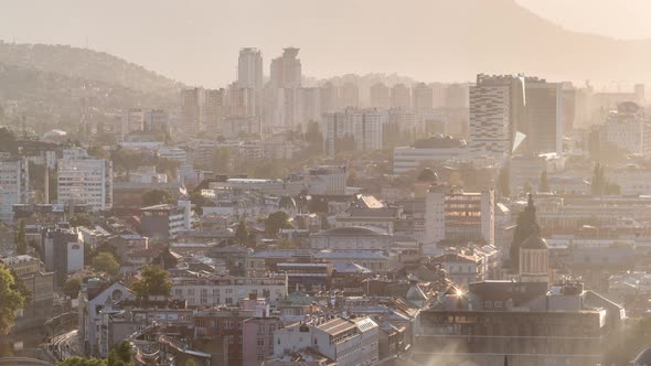 Panoramic aerial cityscape of the historical downtown of Sarajevo timelapse