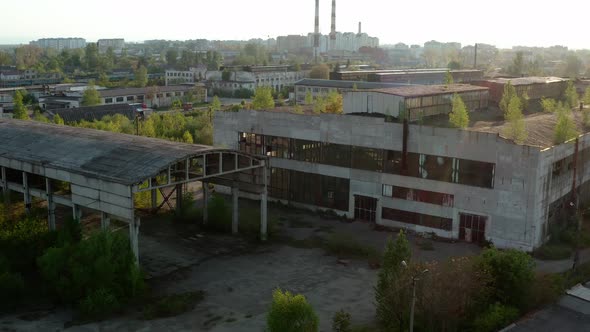 Aerial Drone View. Old Factory Ruin Industrial Building for Demolition.