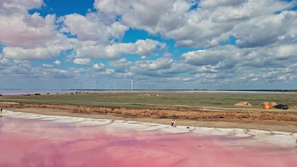 Aerial Drone View on Breathtaking Colorful Landscape with Pink Lake