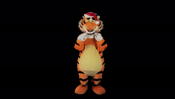 Man in Tiger Costume with Santa's Red Hat Showing Roars on a Black Background