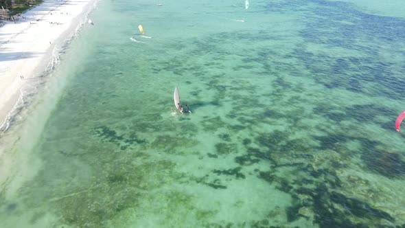 Aerial View of a Boat in the Ocean Near the Coast of Zanzibar Tanzania