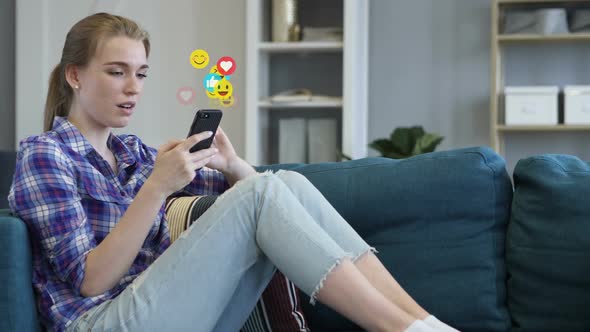 Young Woman Watching a Live Stream on Smartphone Emoji and Likes