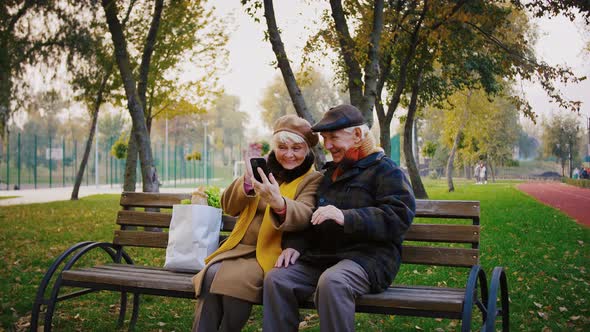 Elderly Grandparents Making Online Video Call By Cellphone Waving Hands Smiling and Talking Sitting