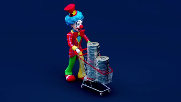 4K fun animation of a clown shopping cryptocurrency alt