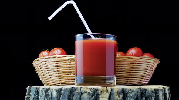 Fresh Natural Tomato Juice, Fresh Tomatoes On A Rustic Style On A Black Background With Tomato Juice