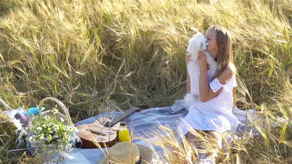 Happy Child in Wheat Field Play with Dog