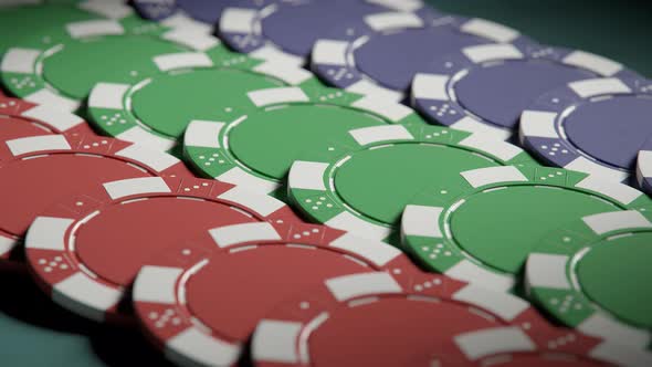Jackpot. Casino chips in a neat rows on a gaming poker table. Loopable video