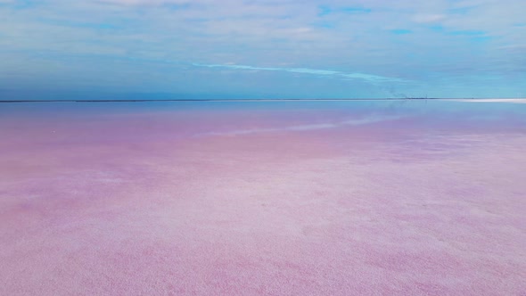 Smooth Surface of Colorful Pink Lake at Cloudy Sunrise with Wind Farm on Background