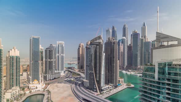 Aerial View of Dubai Marina Residential and Office Skyscrapers with Waterfront Timelapse