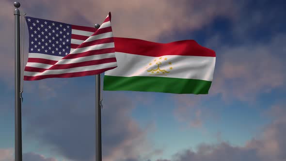 Tajikistan Flag Waving Along With The National Flag Of The USA - 4K