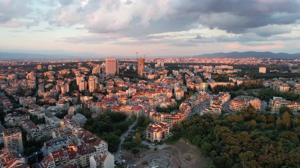 Aerial View of the City Center in Sunset Sofia Bulgaria