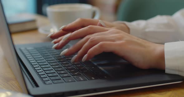 Young Woman Hands Using Laptop Computer Studying in Cafe Student Drinking Coffee Typing Email