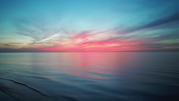 Aerial Drone Shoot. Sunrise Over the Sea. Colorful Sunset on the Baltic Sea, Latvia.4K Video