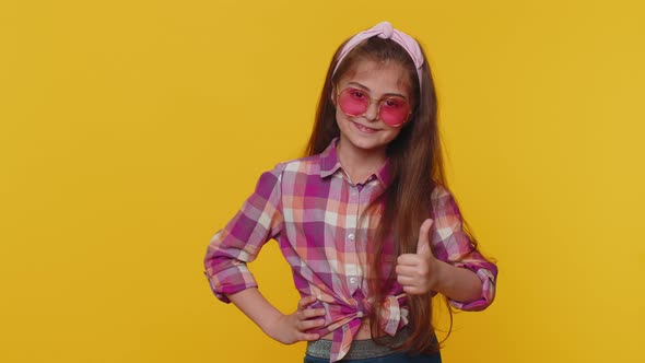 Child Girl Kid Wearing Pink Sunglasses Charming Smile Showing Thumbs Up Like Positive Feedback