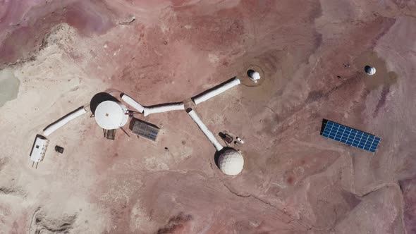 Top Down View of Astronauts Research Station Exploring Red Planet Mars