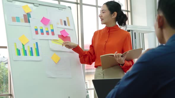 Young Woman Explains Business Data on White Board