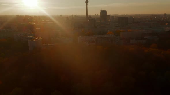 Scenic Aerial Drone View Above Park Nature with Trees in City Center of Berlin, Germany in Autumn