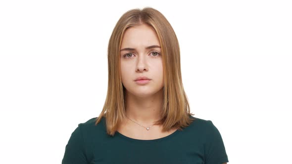 Portrait of Strongwilled Female Person Shaking Head in Denial Not Accepting Proposal or Expressing