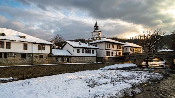 Moving clouds over old houses in Tryavna