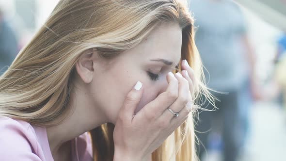 Sad Woman Sitting in Street Tired of Daily Rhythm, Stressful Life in Megalopolis