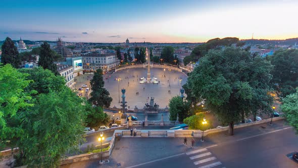Aerial View of the Large Urban Square the Piazza Del Popolo Day to Night Timelapse Rome After Sunset