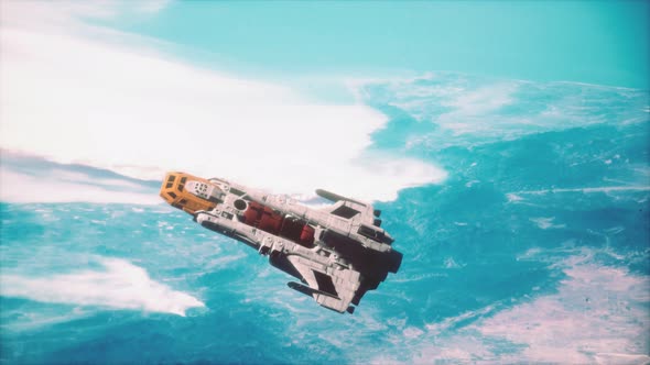 3D Illustration of a Spaceship in Orbit Around Planet Earth alt