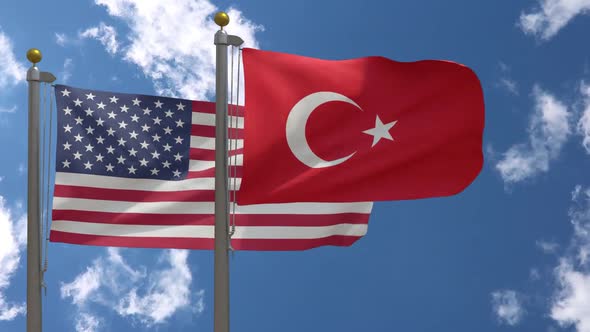 Usa Flag Vs Turkey Flag On Flagpole