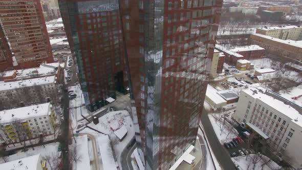 Aerial winter cityscape of Moscow with modern highrise apartment complex, Russia