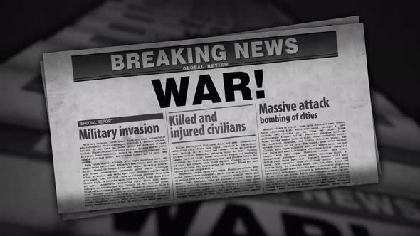 War news, humanitarian crisis and military invasion retro newspaper printing press